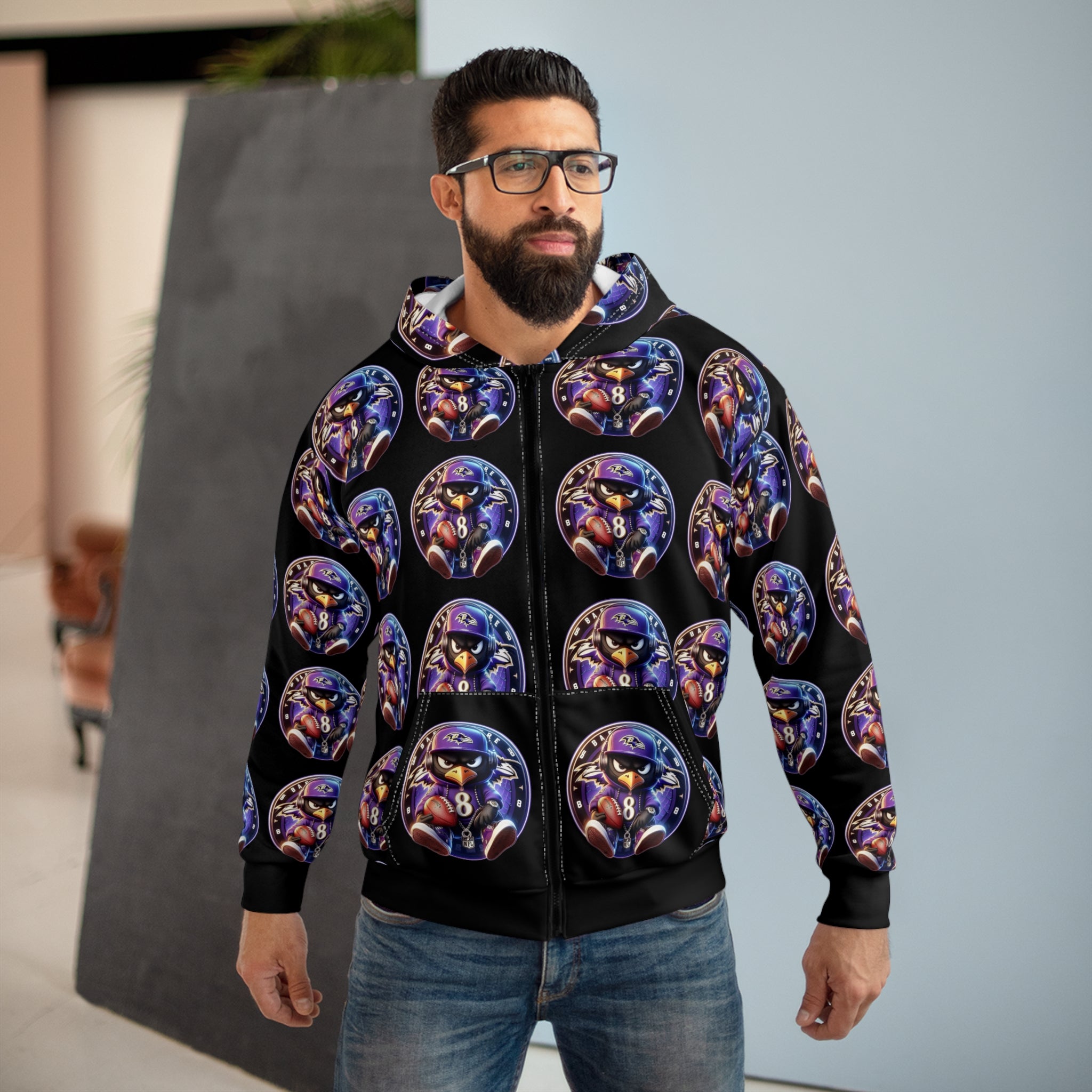 Astrology Ravens Zip Hoodie — All-Over Zodiac Cosmic Print