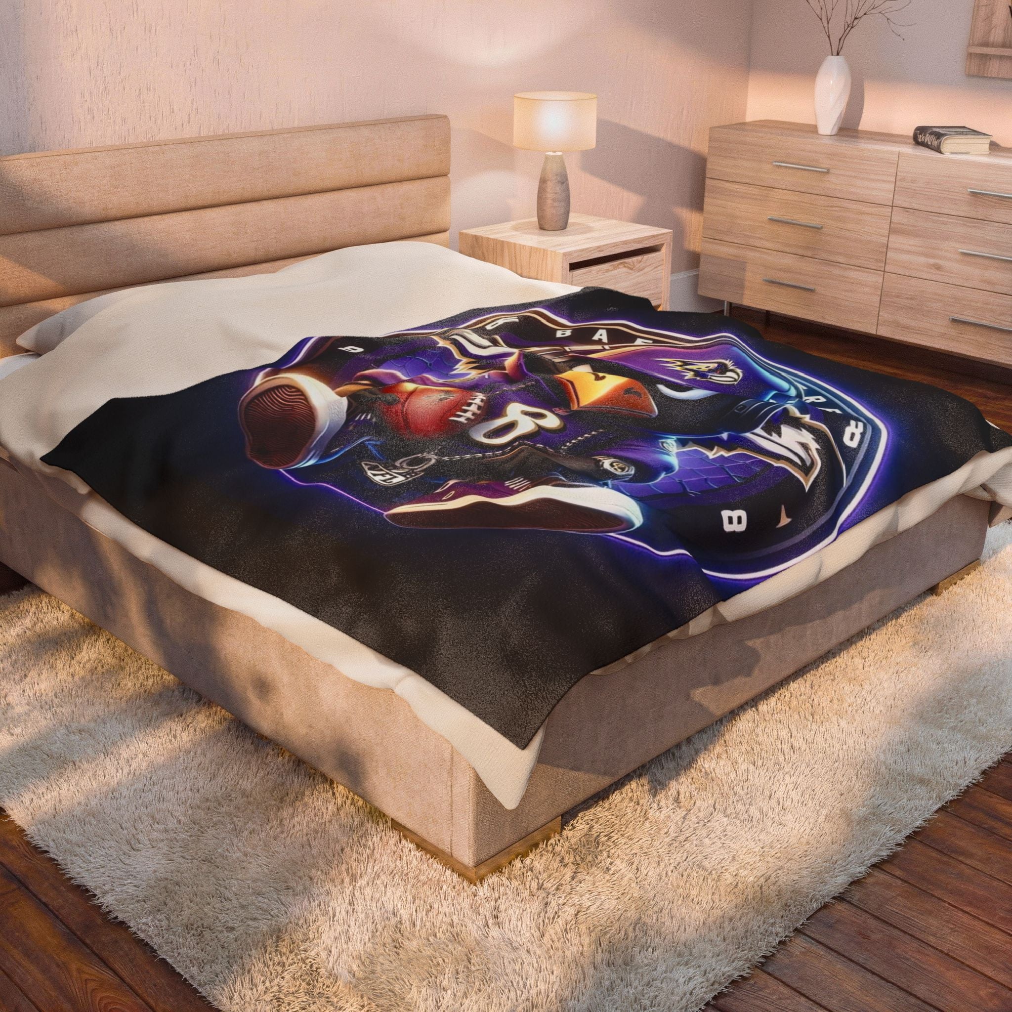 Baltimore Ravens Plush Velveteen Blanket — Raven Mascot with Football (NFL #8)