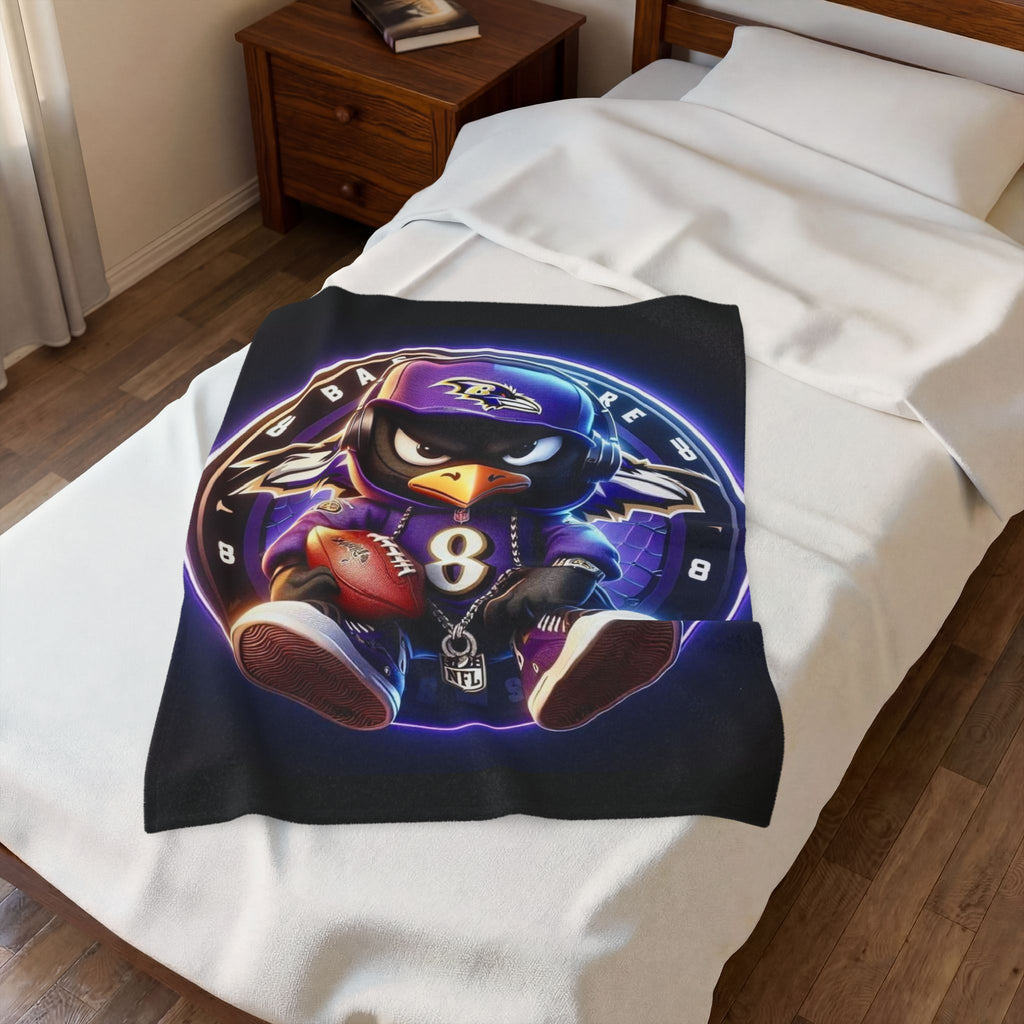 Baltimore Ravens Plush Velveteen Blanket — Raven Mascot with Football (NFL #8)