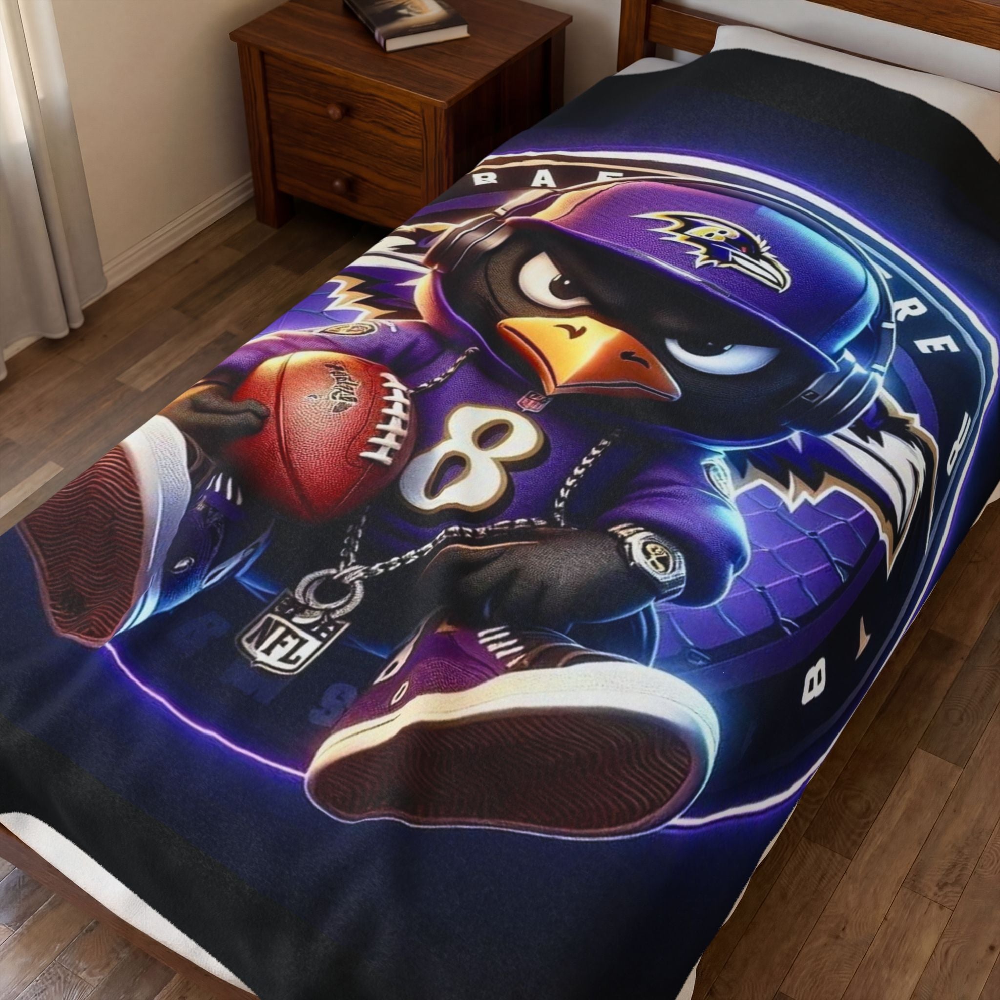 Baltimore Ravens Plush Velveteen Blanket — Raven Mascot with Football (NFL #8)