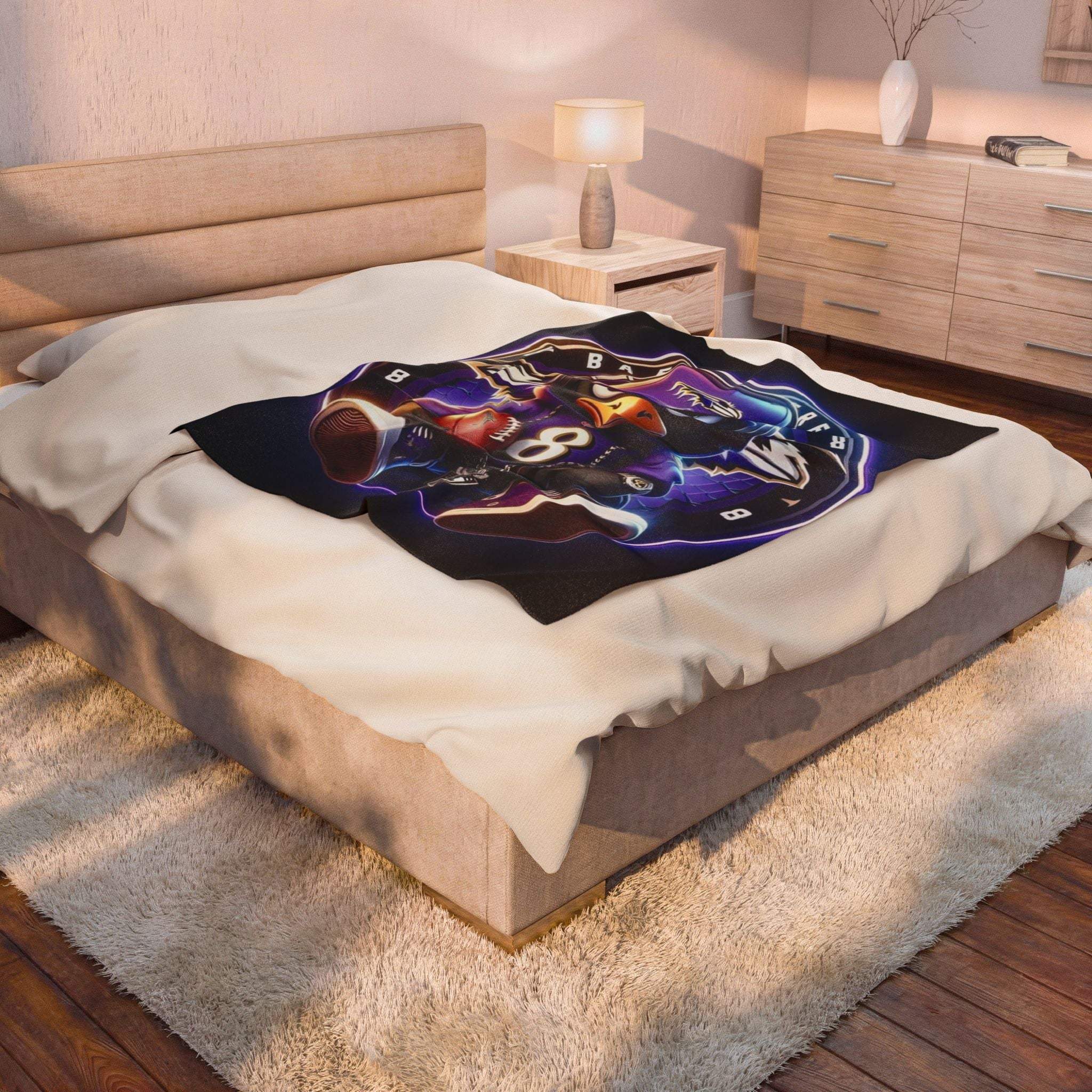 Baltimore Ravens Plush Velveteen Blanket — Raven Mascot with Football (NFL #8)