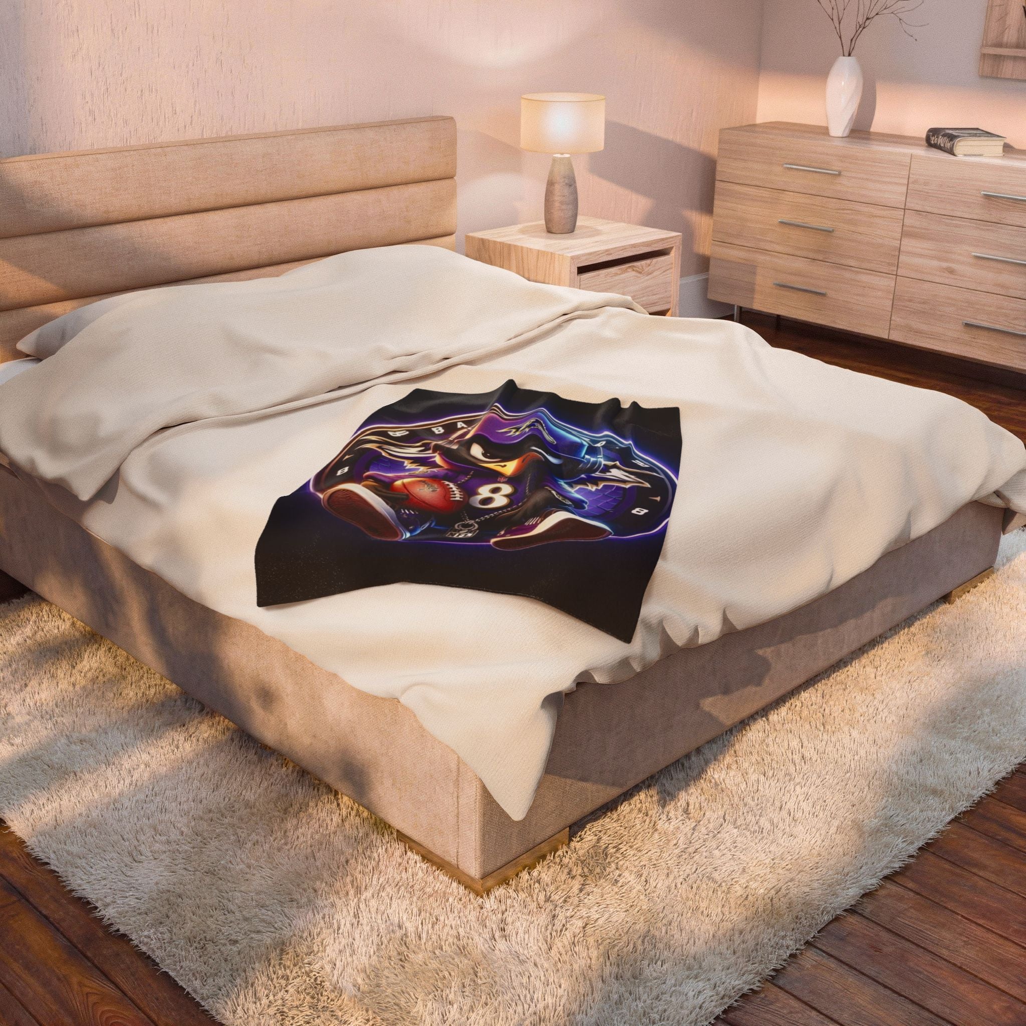 Baltimore Ravens Plush Velveteen Blanket — Raven Mascot with Football (NFL #8)