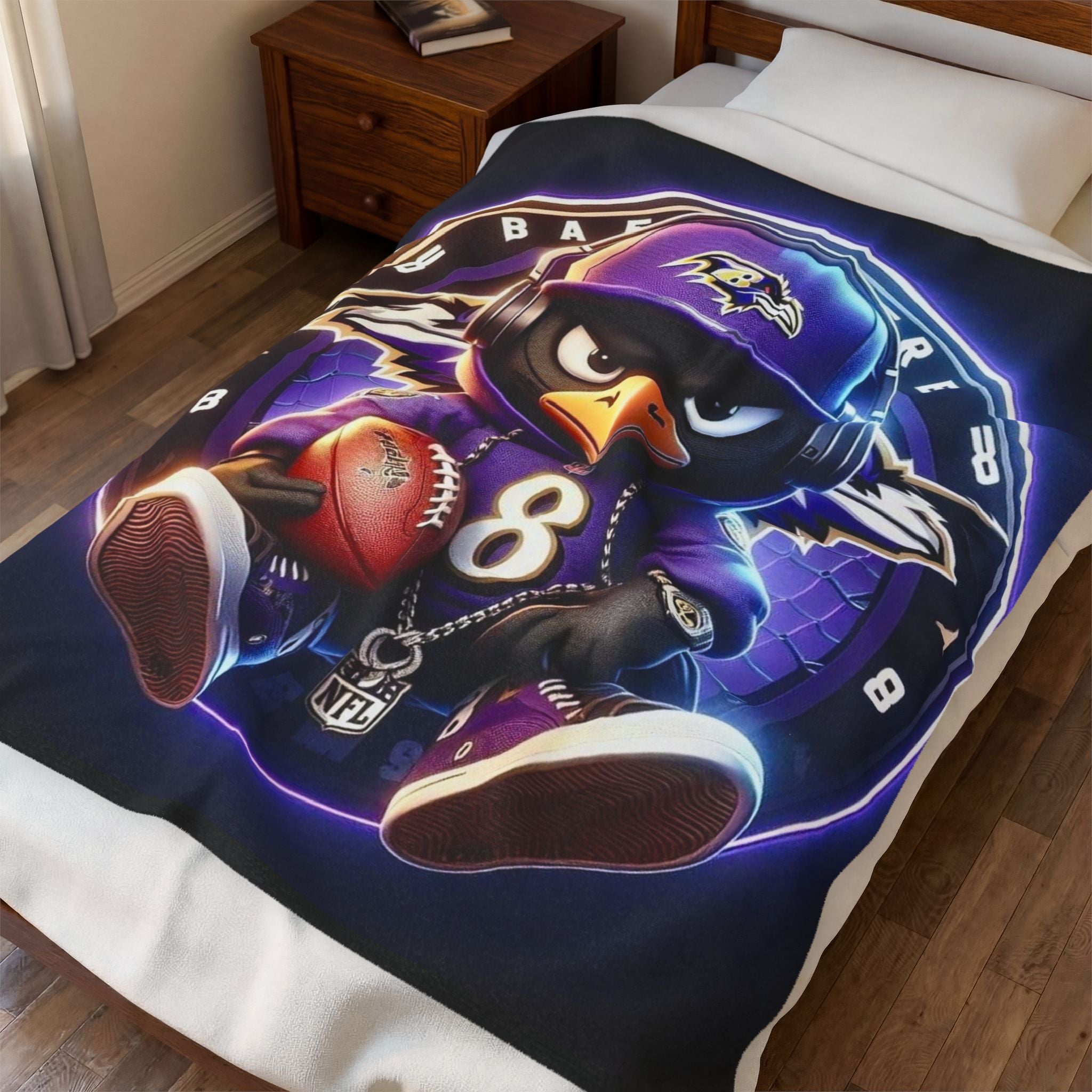 Baltimore Ravens Plush Velveteen Blanket — Raven Mascot with Football (NFL #8)